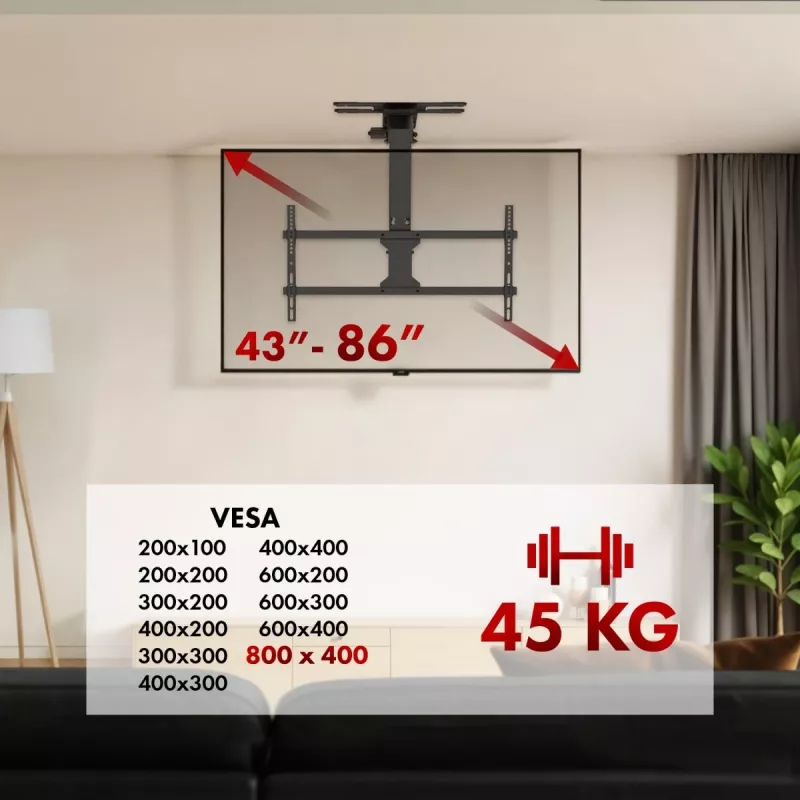 Suporte de teto para TV MACLEAN MC-109 T VESA 800x400 para ecrãs 43–86 polegadas, carga máx. 45 kg