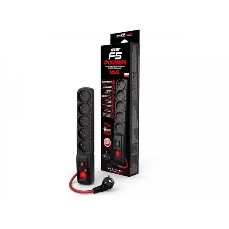 ACAR F5 POWER régua com proteção contra sobretensões, 5 tomadas, 16 A, com interruptor, 1,5 m, preta