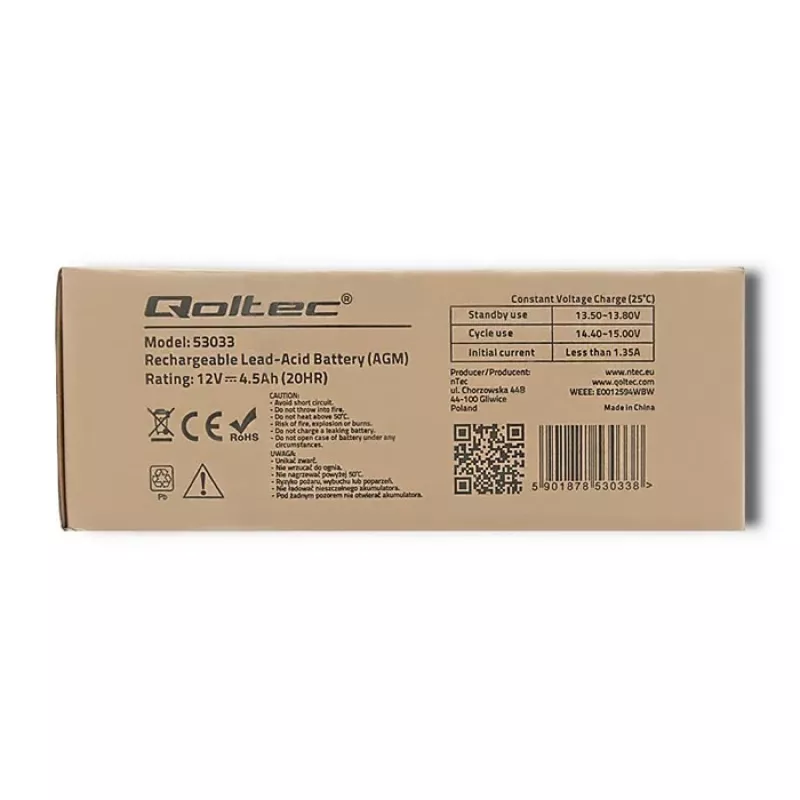 Qoltec 53033 bateria AGM 12 V 4,5 Ah, máx. 1,35 A, sem manutenção