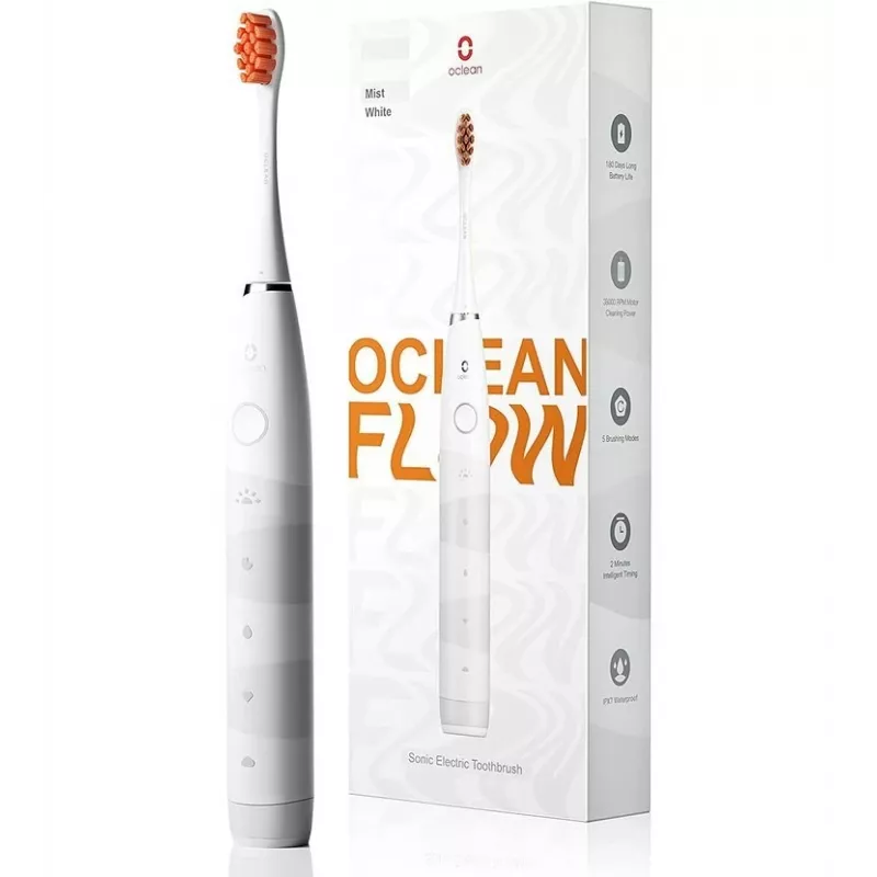 Escova de dentes sónica OCLEAN FLOW adultos — a pilhas, modo branqueador, temporizador integrado, velocidade ajustável, 255 mm de altura, branca, 0,13 kg, 1 cabo + 1 cabeça de escova