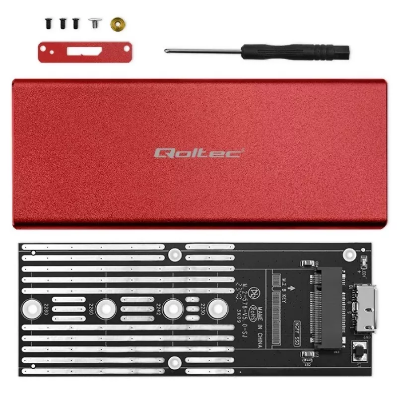 Caixa para SSD QOLTEC 51831 USB 3.0 para unidades M.2 SATA até 2 TB, vermelha, suporta 30 mm de comprimento, até 4 unidades