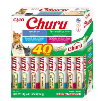 Snacks de comida húmida INABA Churu caixa sortida — atum, 40 × 14 g saquetas de pasta, sem cereais, sem glúten