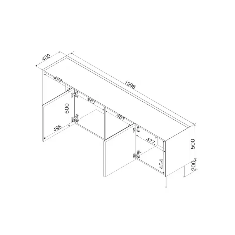 Cómodas cama meble FELLINI 2000×400×700 mm, verde-oliva com tampo de carvalho oleado, estrutura MDF