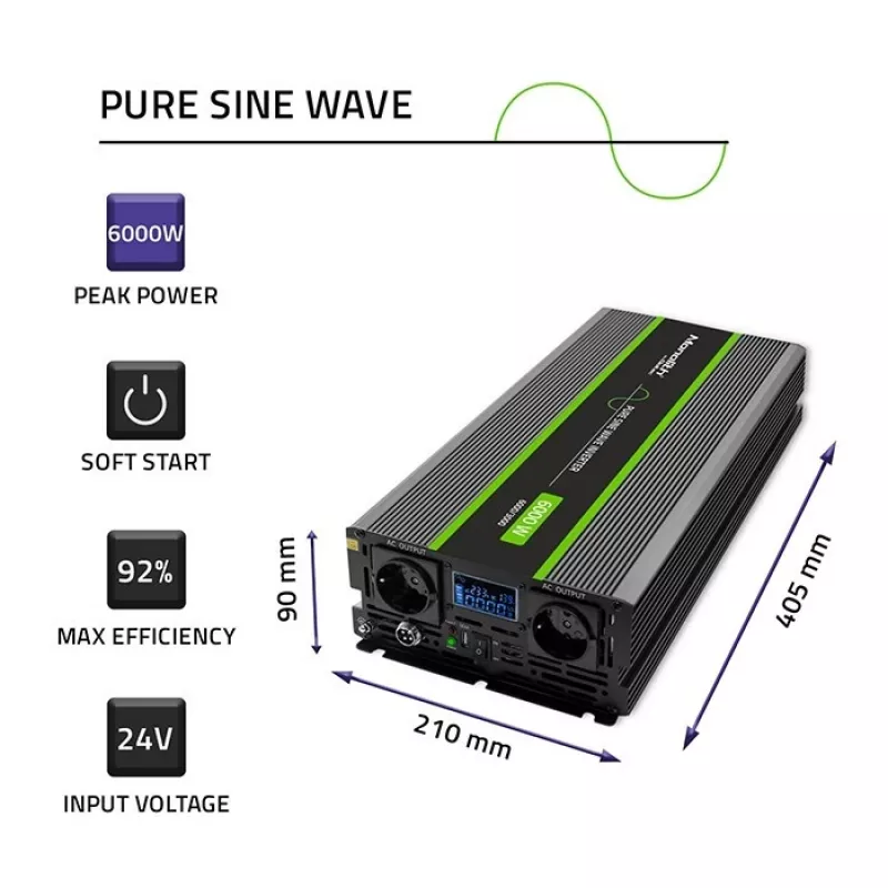 Inversor de onda pura Qoltec 51923 Monolith | 3000W | 6000W | 24V para 230V | LCD