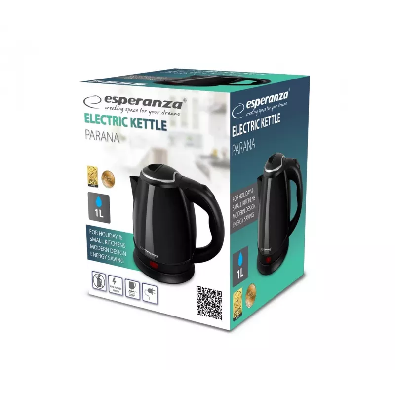 Chaleira elétrica ESPERANZA EKK128K 1,0 L, 1350 W, aço inoxidável, sem fios, desligamento automático, proteção contra funcionamento a seco