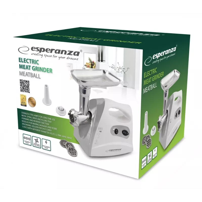 Esperanza EKM012E Meatball picadora de carne elétrica, 600 W, 3 discos de corte, acessórios para salsichas e kebbe, cinzento