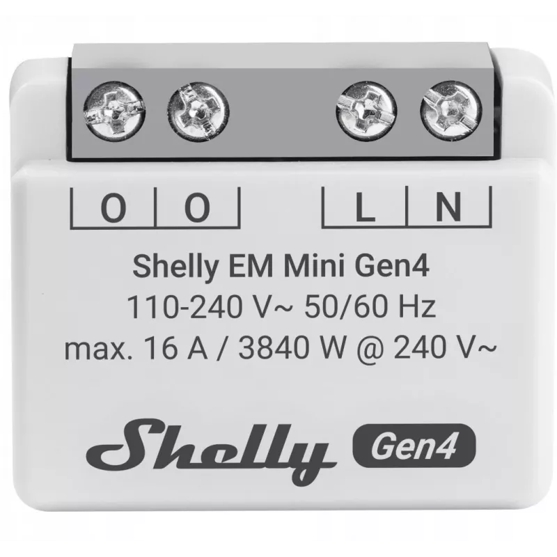 Relé inteligente Shelly Relay EM Mini Gen4 1 canal Wi‑Fi Matter Zigbee Bluetooth 8A, 110–240V, contador de energia
