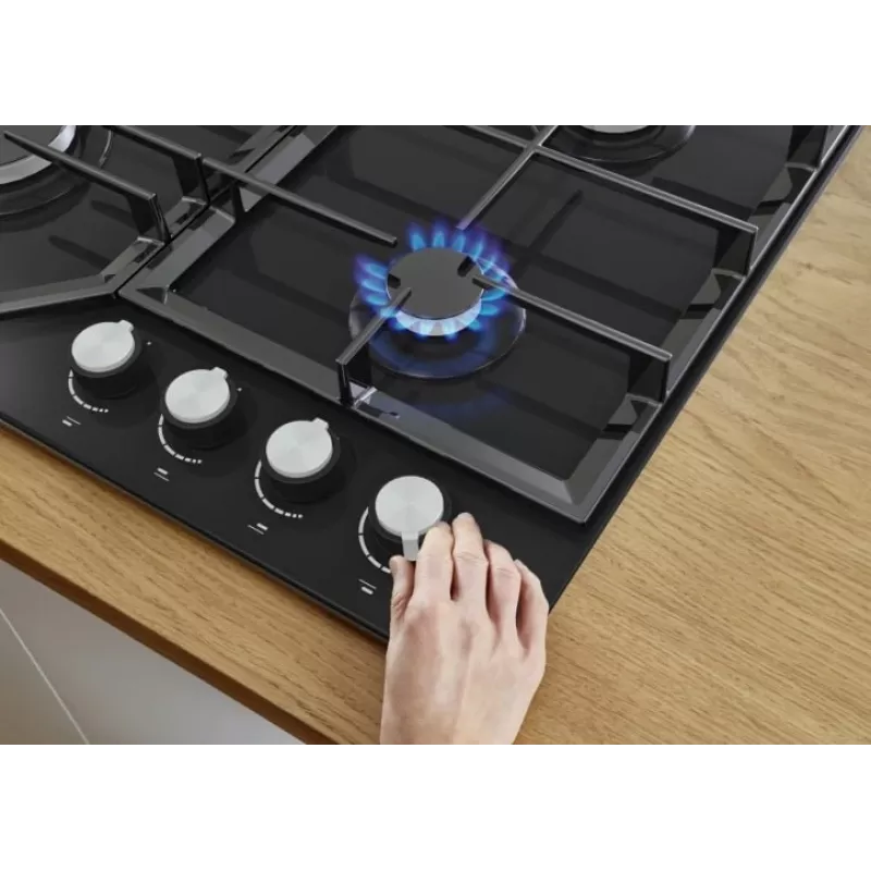 Fogão a gás Gorenje GT641KB, encastrar 60 cm, 4 zonas a gás, vidro temperado, grelhas de ferro fundido, botões rotativos