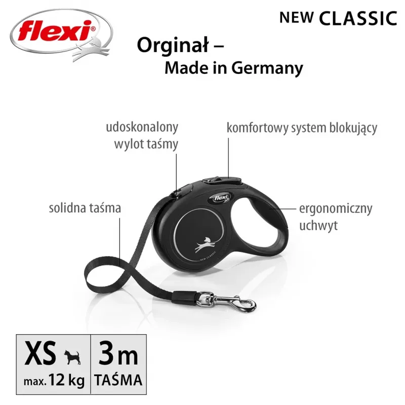 Trella Flexi New Classic Cat XS 3 m — trela de corda para animais pequenos, preta, carga máx. 8 kg