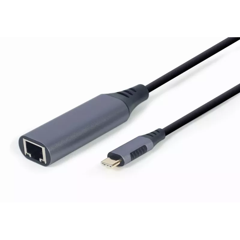 Adaptador de rede Gembird A-USB3C-LAN-01 Type-C USB 3.2 Gen 1, Gigabit RJ-45, cabo de 0,15 m, caixa metálica, cinzento/preto
