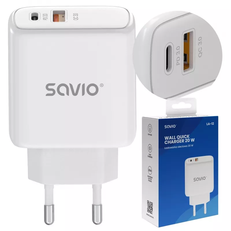Carregador para dispositivos móveis Savio LA-12 Universal Branco AC Carregamento rápido Interior