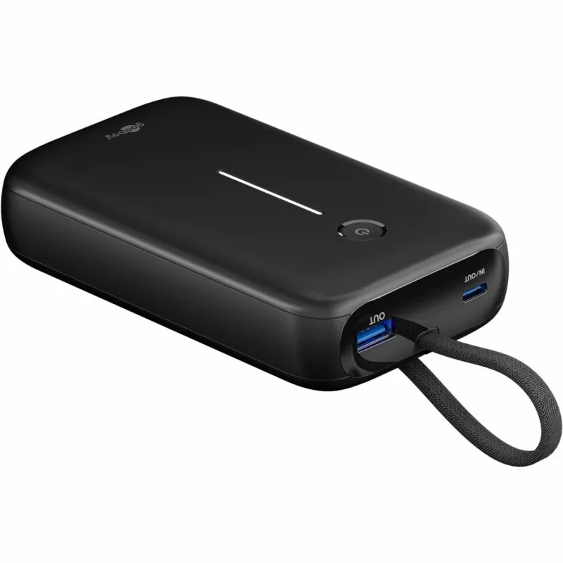 Powerbank 20.000 mAh, cabo USB-C integrado 13 cm, 30 watts (preto, 20 Ah, 1x USB-A, 2x USB-C, PD, QC)