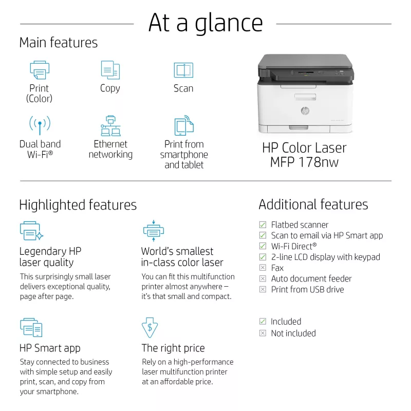 Impressora multifunções laser HP Color Laser MFP 178nw — impressão a cores, A4, 18 páginas/min (P/B), Wi‑Fi, Ethernet, digitalização duplex