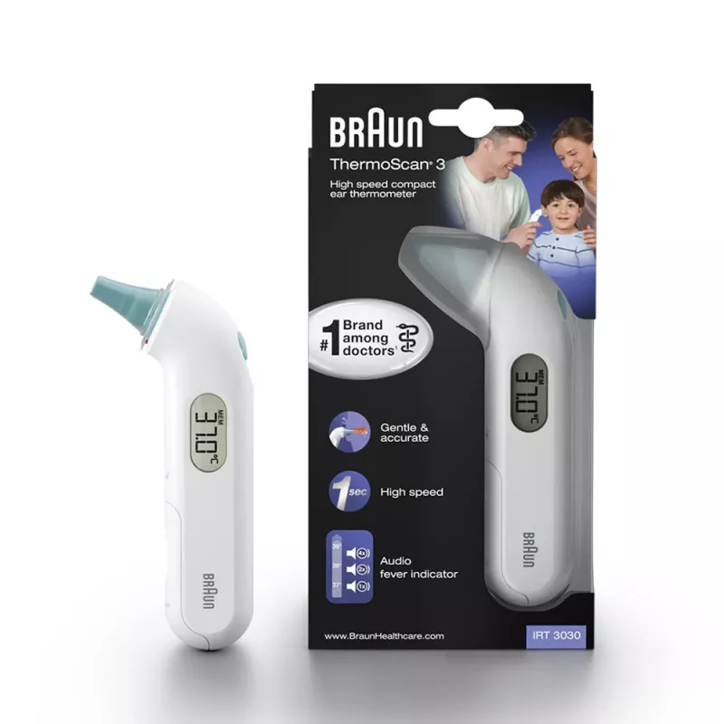 Termómetro de ouvido por contacto BRAUN ThermoScan 3 IRT3030 — medição 34–42,2°C, 1 s, LCD, sinal sonoro, branco