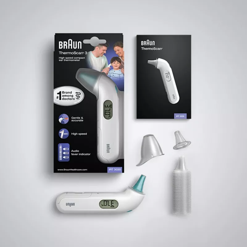 Termómetro de ouvido por contacto BRAUN ThermoScan 3 IRT3030 — medição 34–42,2°C, 1 s, LCD, sinal sonoro, branco
