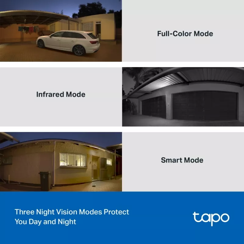 TP-Link Tapo Câmara de segurança Wi-Fi Pan/Tilt exterior, câmara de segurança IP, interior & exterior, sem fios, CE, FCC, RoHS, RCM, montagem no teto, branco, preto