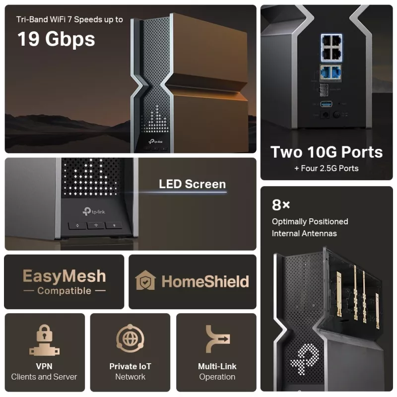 TP-Link Archer BE19000 Router Tri-Band Wi-Fi 7, Wi-Fi 7 (802.11be), Tri-Band (2,4 GHz / 5 GHz / 6 GHz), Ethernet LAN, Preto, Aço inoxidável, Router de secretária