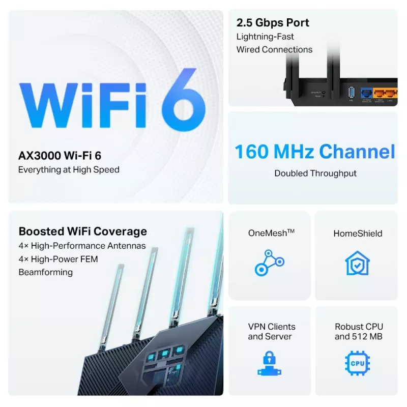 Router TP-Link Archer AX3000 Multi-Gigabit Wi-Fi 6 com porta 2,5G