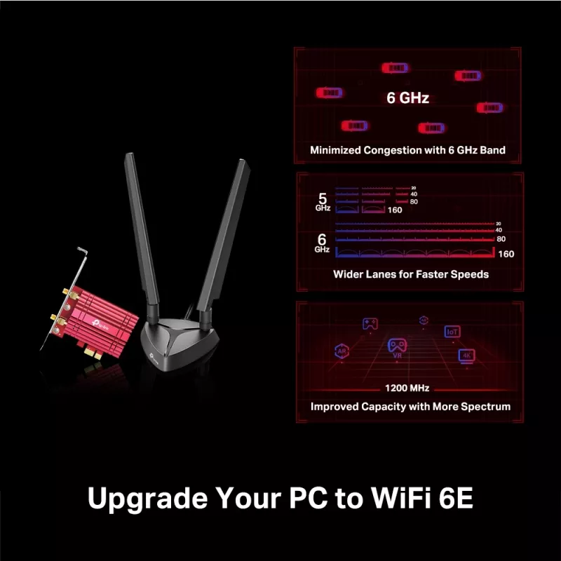 Adaptador PCIe TP-Link AXE5400 Wi-Fi 6E Bluetooth 5.2, Interno, Sem fios, PCI Express, WLAN / Bluetooth, 5400 Mbit/s, Preto, Vermelho