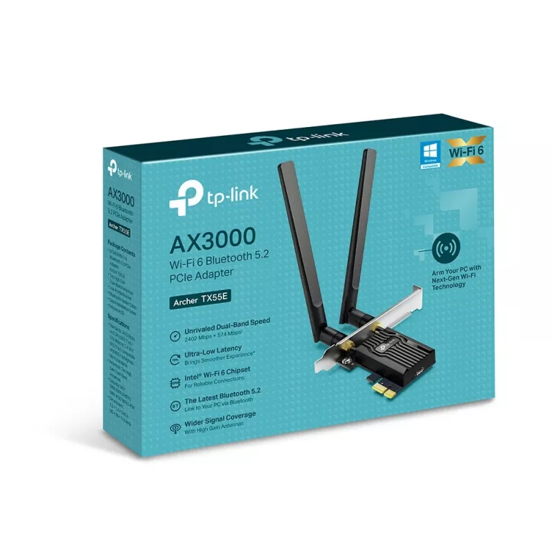 Adaptador PCIe TP-Link Archer AX3000 Wi-Fi 6 Bluetooth 5.2, Sem fios, PCI Express, WLAN / Bluetooth, Wi-Fi 6 (802.11ax), 2402 Mbit/s, Preto