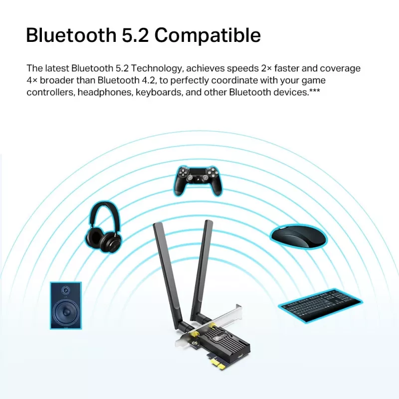 Adaptador PCIe TP-Link AX1800 Wi-Fi 6 Bluetooth 5.2, interno, sem fios, PCI Express, Wi-Fi / Bluetooth, 1800 Mbit/s, preto