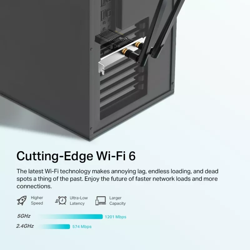 Adaptador PCIe TP-Link AX1800 Wi-Fi 6 Bluetooth 5.2, interno, sem fios, PCI Express, Wi-Fi / Bluetooth, 1800 Mbit/s, preto