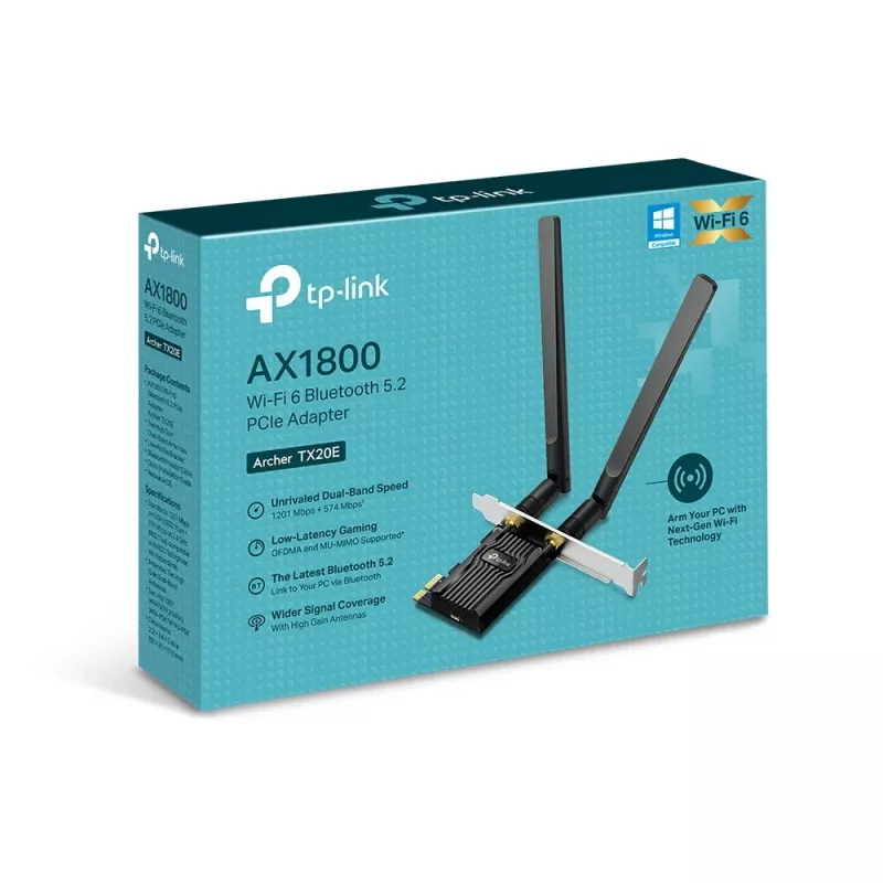 Adaptador PCIe TP-Link AX1800 Wi-Fi 6 Bluetooth 5.2, interno, sem fios, PCI Express, Wi-Fi / Bluetooth, 1800 Mbit/s, preto