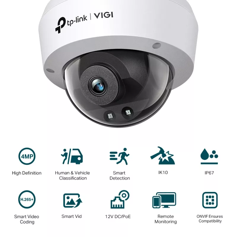 Câmara de rede dome IR TP-Link VIGI 4MP, câmara de segurança IP, interior e exterior, com fios, CE, BSMI, VCCI, ONVIF, teto/parede, preto, branco