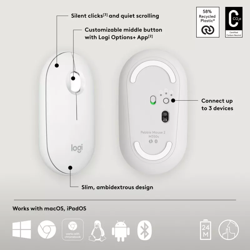 Rato Logitech M350S branco USB ótico sem fios