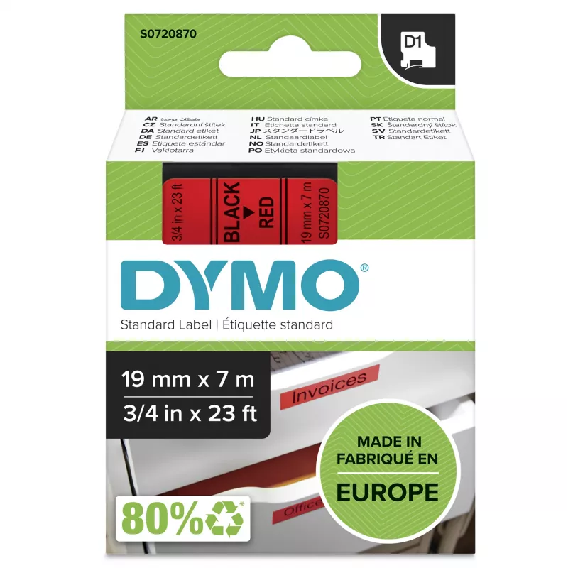 Etiquetas DYMO Authentic D1 | impressão preta sobre fita vermelha | 19 mm x 7 m | etiquetas autoadesivas para impressoras de etiquetas LabelManager | fabricadas na Europa