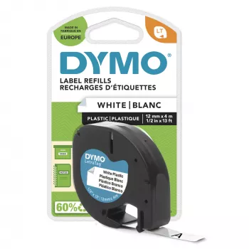 Etiquetas de plástico DYMO LetraTag | rolo de 12 mm x 4 m | impressão preta sobre etiquetas brancas | etiquetas autoadesivas multiusos para impressoras de etiquetas LetraTag | 1 unid.