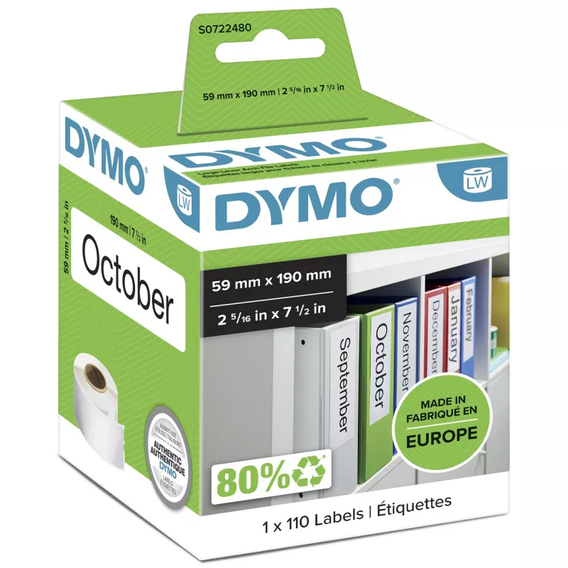 Etiquetas para dossiês DYMO Authentic LabelWriter | 59 mm x 190 mm | autoadesivas | rolo de 110 etiquetas Easy-Peel | para impressoras de etiquetas LabelWriter | fabricadas na Europa