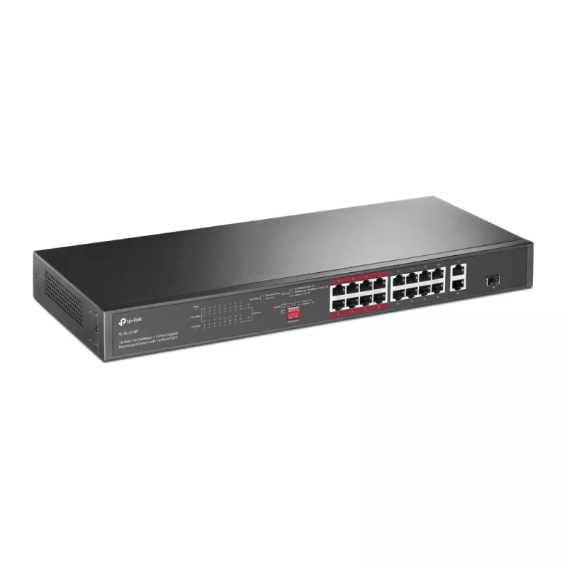 Switch PoE TP-Link 16 portas 10/100 Mbps + 2 portas Gigabit para rack com 16 portas PoE+