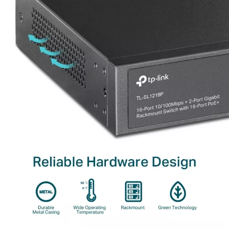 Switch PoE TP-Link 16 portas 10/100 Mbps + 2 portas Gigabit para rack com 16 portas PoE+