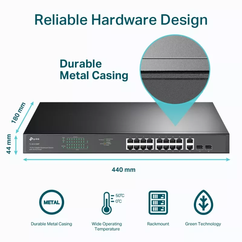 Switch TP-Link 18 portas Gigabit para rack com 16 PoE+, não gerido, Gigabit Ethernet (10/100/1000), duplex integral, Power over Ethernet (PoE), montagem em rack, 1U