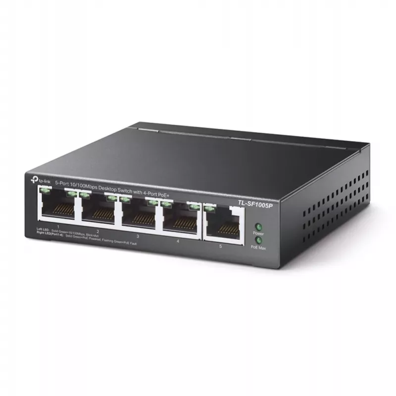 Switch PoE de secretária TP-Link 5 portas 10/100Mbps com 4 portas, não gerido, Fast Ethernet (10/100), duplex integral, Power over Ethernet (PoE)