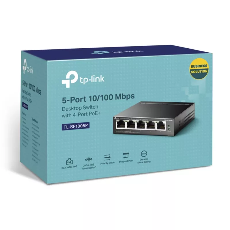 Switch PoE de secretária TP-Link 5 portas 10/100Mbps com 4 portas, não gerido, Fast Ethernet (10/100), duplex integral, Power over Ethernet (PoE)