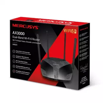 Router de secretária MERCUSYS MR80X — Wi‑Fi 6 dualband (802.11ax), 3000 Mbit/s, 4 antenas externas, 3 portas LAN Gigabit