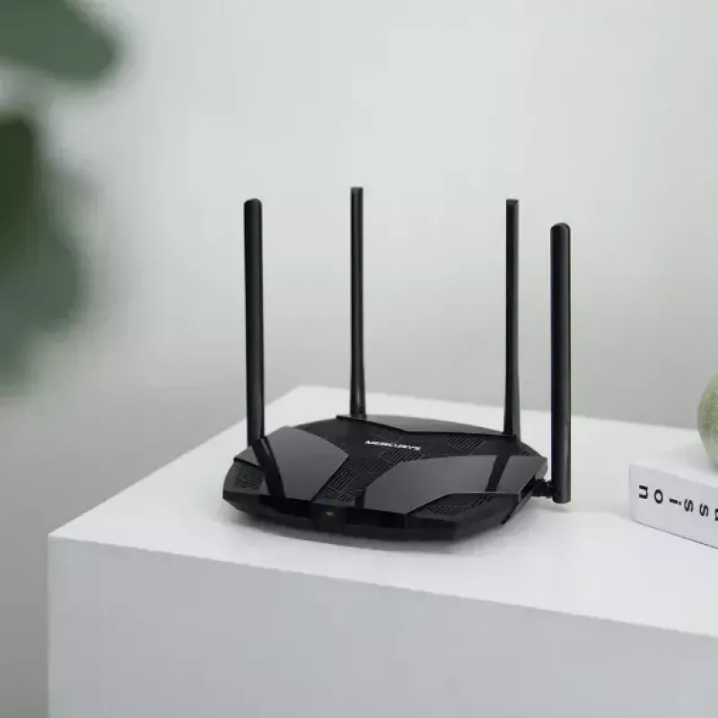 Router de secretária MERCUSYS MR80X — Wi‑Fi 6 dualband (802.11ax), 3000 Mbit/s, 4 antenas externas, 3 portas LAN Gigabit