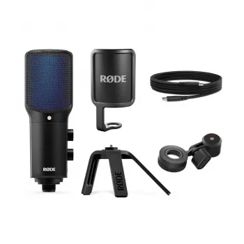 Microfone condensador USB para PC RØDE NT-USB+ — padrão cardioide, 24 Bit/48 kHz, 20–20000 Hz, saída para auscultadores de 3,5 mm, USB-C, preto