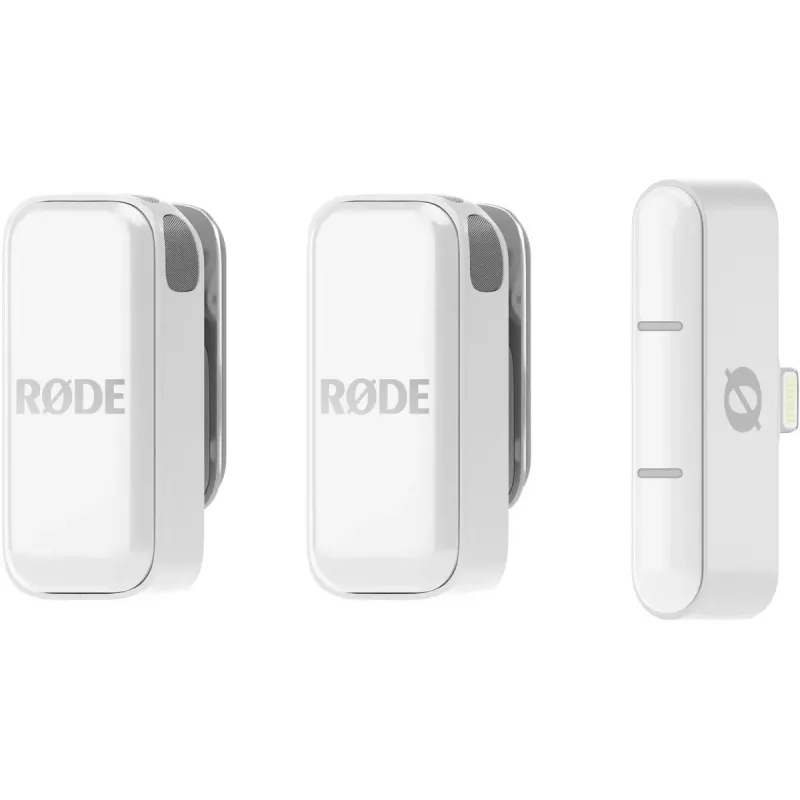 Sistema de microfone sem fios Rode Wireless Micro Lightning – omnidirecional, 48 kHz/24 bits, bateria de 7 h, alcance 100 m, branco