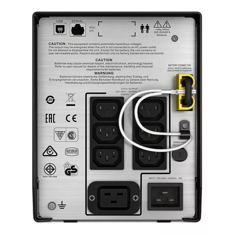 UPS APC Smart-UPS C, Line Interactive, 2000VA, torre, 230V, 6x saídas IEC C13+1x IEC C19, comunicação USB e série, AVR, LCD gráfico