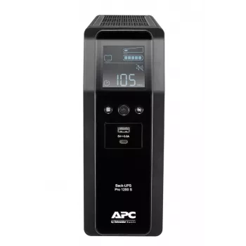 UPS APC Back-UPS Pro, 1200VA/720W, torre, 230V, 8x tomadas IEC C13, onda sinusoidal, AVR, ligações USB Type-A + C, LCD, bateria substituível pelo utilizador