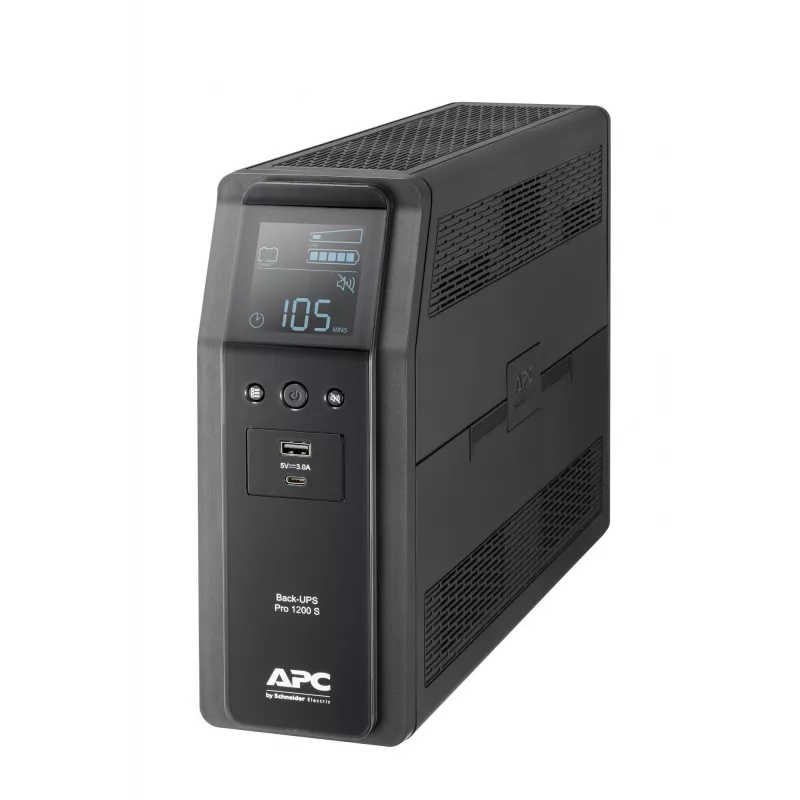 UPS APC Back-UPS Pro, 1200VA/720W, torre, 230V, 8x tomadas IEC C13, onda sinusoidal, AVR, ligações USB Type-A + C, LCD, bateria substituível pelo utilizador