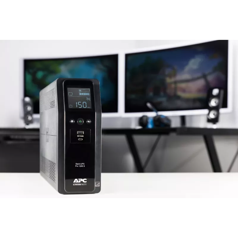 UPS APC Back-UPS Pro, 1200VA/720W, torre, 230V, 8x tomadas IEC C13, onda sinusoidal, AVR, ligações USB Type-A + C, LCD, bateria substituível pelo utilizador
