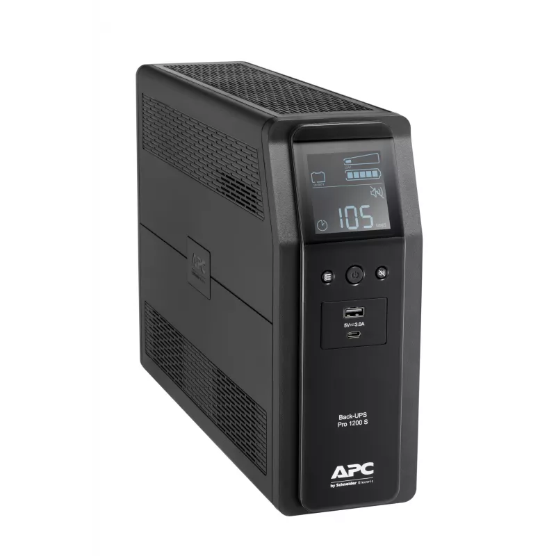 UPS APC Back-UPS Pro, 1200VA/720W, torre, 230V, 8x tomadas IEC C13, onda sinusoidal, AVR, ligações USB Type-A + C, LCD, bateria substituível pelo utilizador