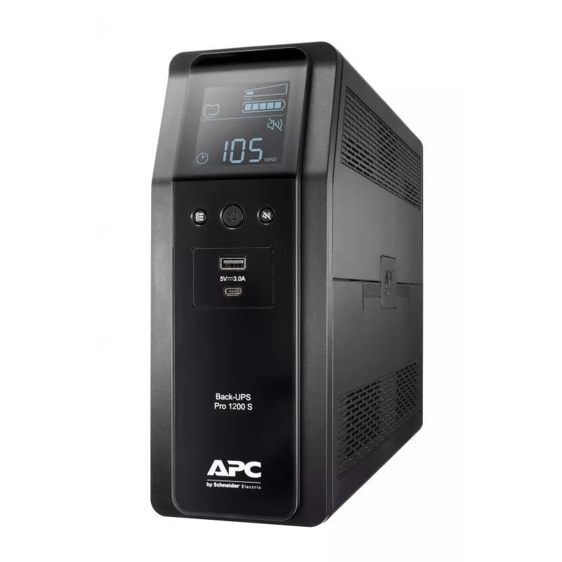 UPS APC Back-UPS Pro, 1200VA/720W, torre, 230V, 8x tomadas IEC C13, onda sinusoidal, AVR, ligações USB Type-A + C, LCD, bateria substituível pelo utilizador