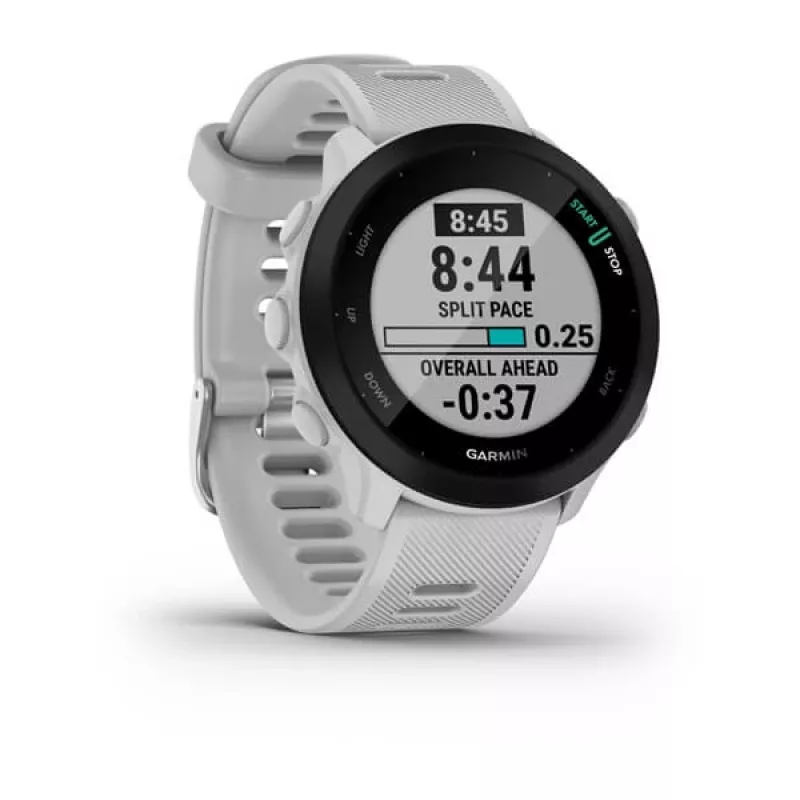 Smartwatch GARMIN Forerunner 55 — 42 mm relógio desportivo redondo, GPS/GLONASS/Galileo, 14 dias de bateria, 5 ATM, bracelete de silicone branco