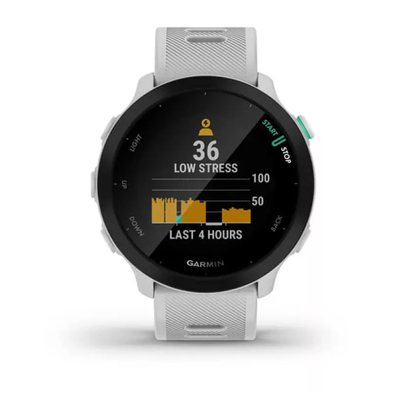 Smartwatch GARMIN Forerunner 55 — 42 mm relógio desportivo redondo, GPS/GLONASS/Galileo, 14 dias de bateria, 5 ATM, bracelete de silicone branco