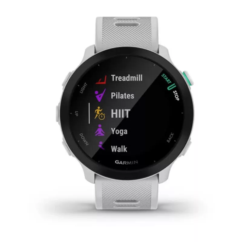 Smartwatch GARMIN Forerunner 55 — 42 mm relógio desportivo redondo, GPS/GLONASS/Galileo, 14 dias de bateria, 5 ATM, bracelete de silicone branco